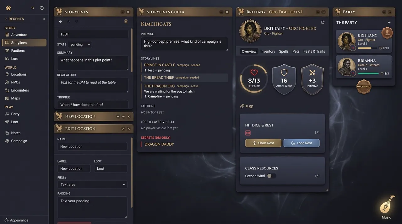 FeyCraft DM cockpit showing campaign storylines, plot points, and floating panels on one screen